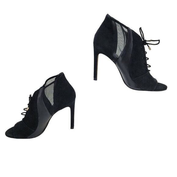 Zara Bootie Sandals 7.5 Black Leather Suede Mesh Patchwork Lace Peep Stilettos - Picture 1 of 17
